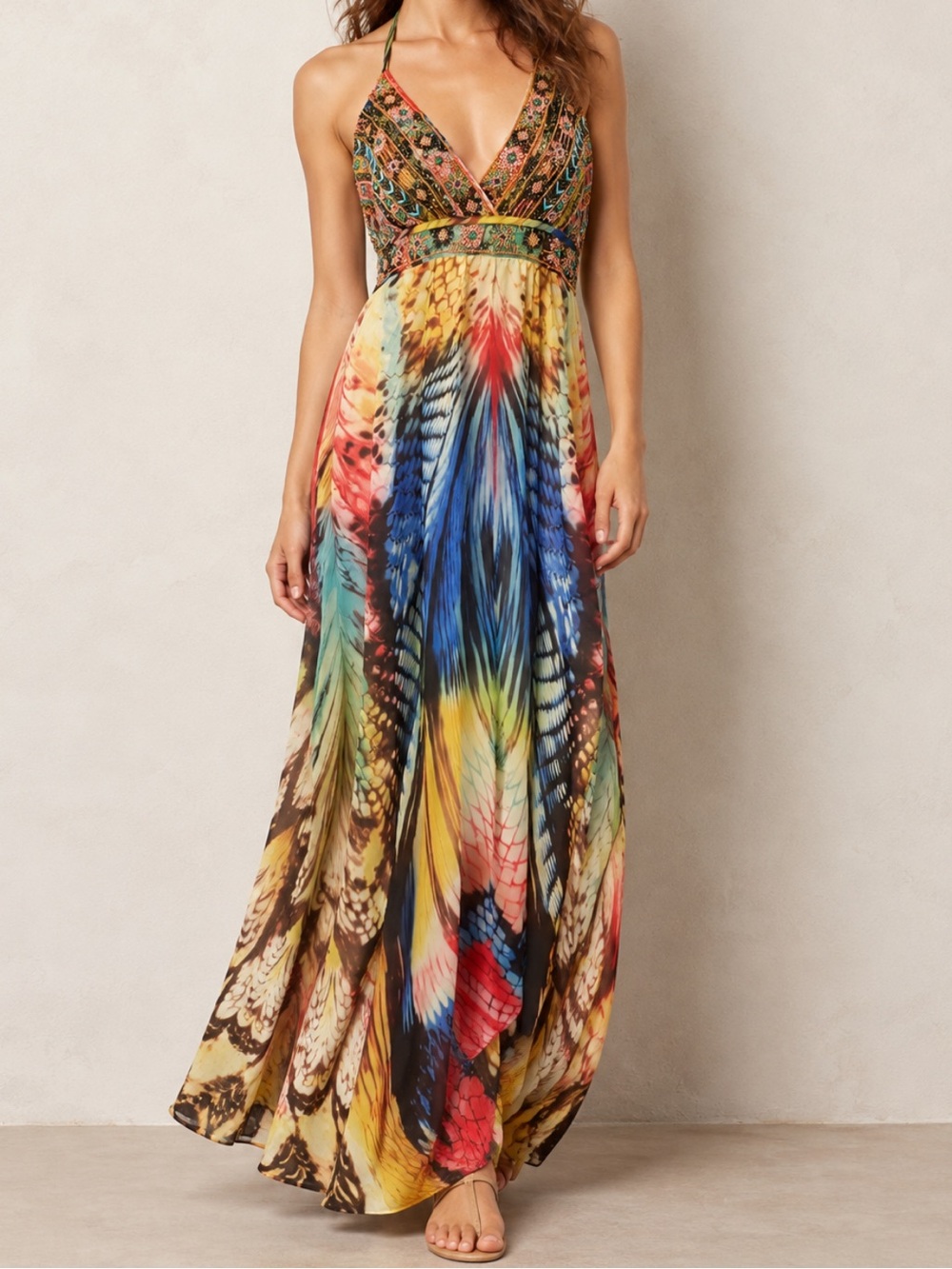 Boston Proper Beaded Feather Print Halter Maxi Dress Size 8 Boho Resort